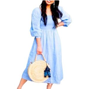 NWT J. Crew Women’s Blue Linen Daydream Smocked Midi Dress in a size XSP
